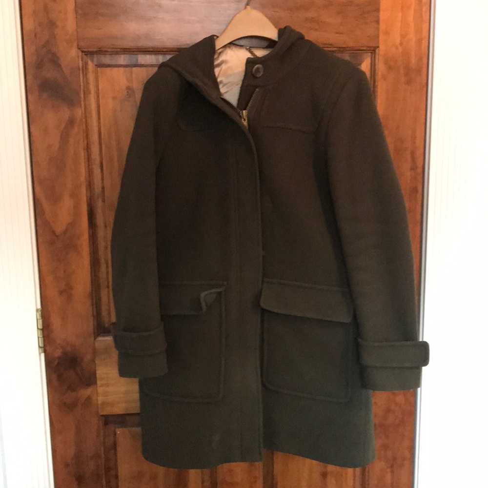 J. Crew Olive Stadium Cloth Hooded Zip Coat